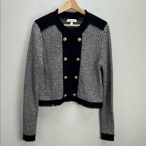 Milly Tweed Jacket Black White Gold Button Fringe Womens Medium Old Money Chic